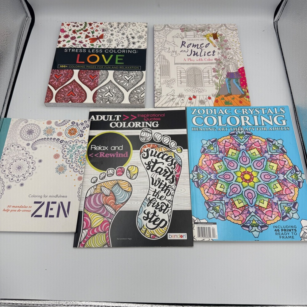 Lot of 5 Adult Coloring Books Stress Less Love Zen Mandalas Zodiac Shakespeare